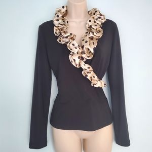 Joseph Ribkoff Black Top with Ruffled Polka Dot Collar - Sz 8